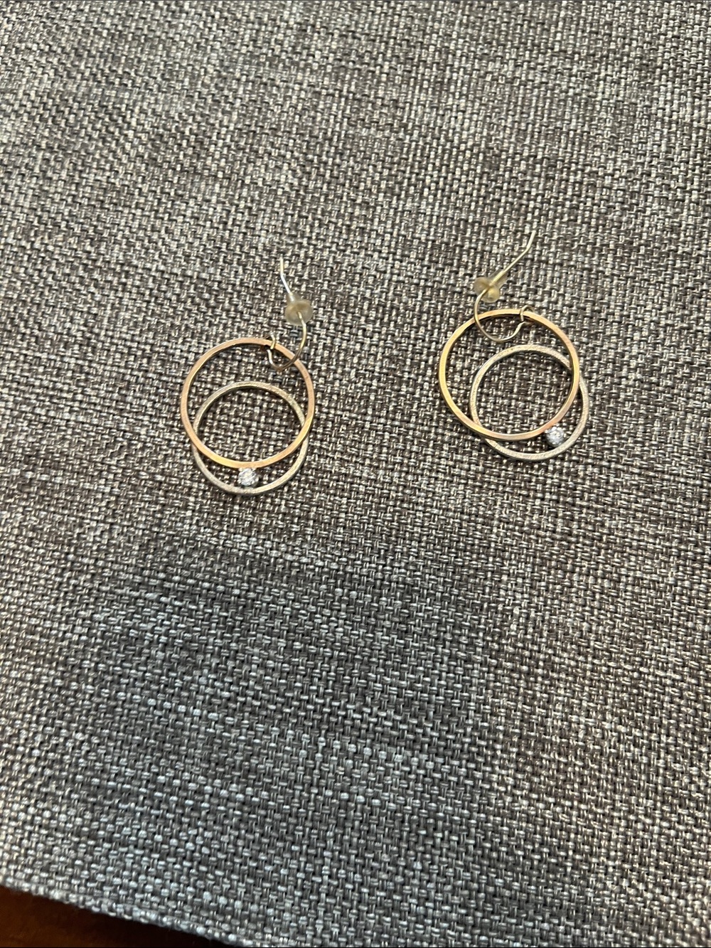 Gold Double-Circle Drop Earrings with Crystal Accent